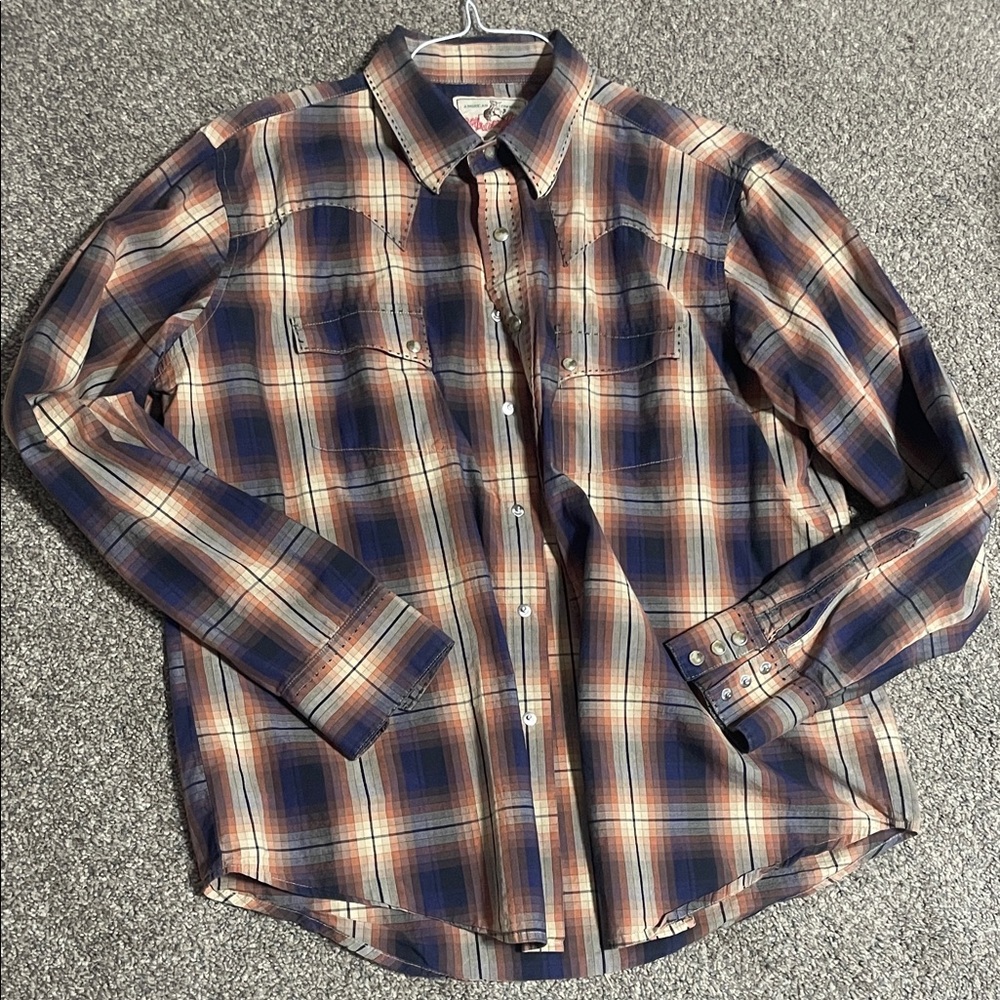 Wrangler Men's Plaid Shirt - Navy and Tan